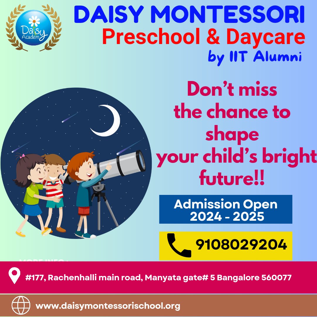 Daisy Montessori Admission Open 2024-2025....!!!

'Chose The Best Preschool For Your Child Because Nothing Is More Important To Us Than Making Our Little Ones Happy'

Call Us Now At:- 9108029204
daisymontessorischool.org 

#daisymontessori #Childcare #childdevelopment #enrollnow