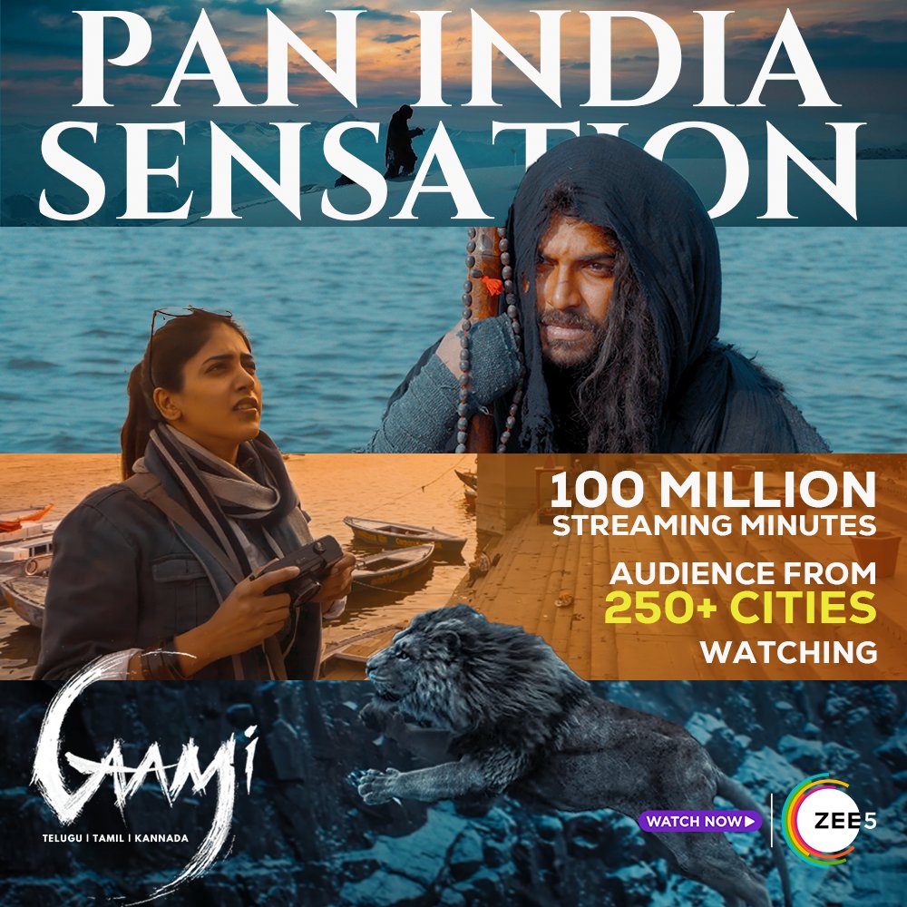 'Gaami' stands tall like Mount Everest in the Himalayas 🏔️ with 100 million steaming minutes. 🥶 Have you watched it yet? Gaami streaming now on ZEE5 in Telugu Kannada Tamil in 4K. @VishwakSenActor @iChandiniC @KarthikSabaresh @nanivid @mgabhinaya #MassKaDasOnZEE5 @_Vishwanath9