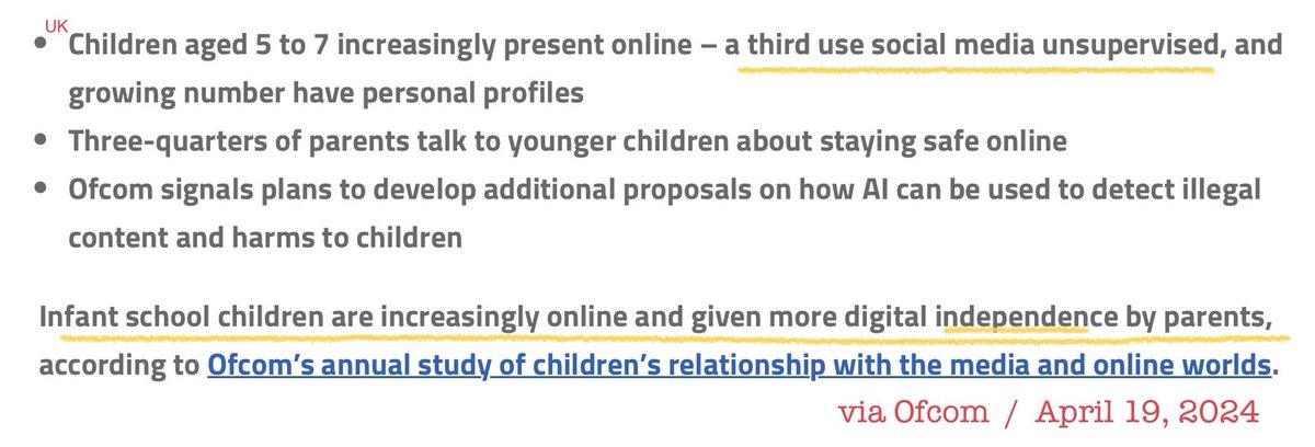 @jason_kint Re:  [ UK ] children’s privacy & exposure to internet & use of social media ofcom.org.uk/news-centre/20… 
[ @ofcom findings / published today / April 19, 2024 ] 

Estimated that in the UK, around 24% of children, aged 5 - 7 years, “own” smartphones  /  whereas 76% “use a tablet”