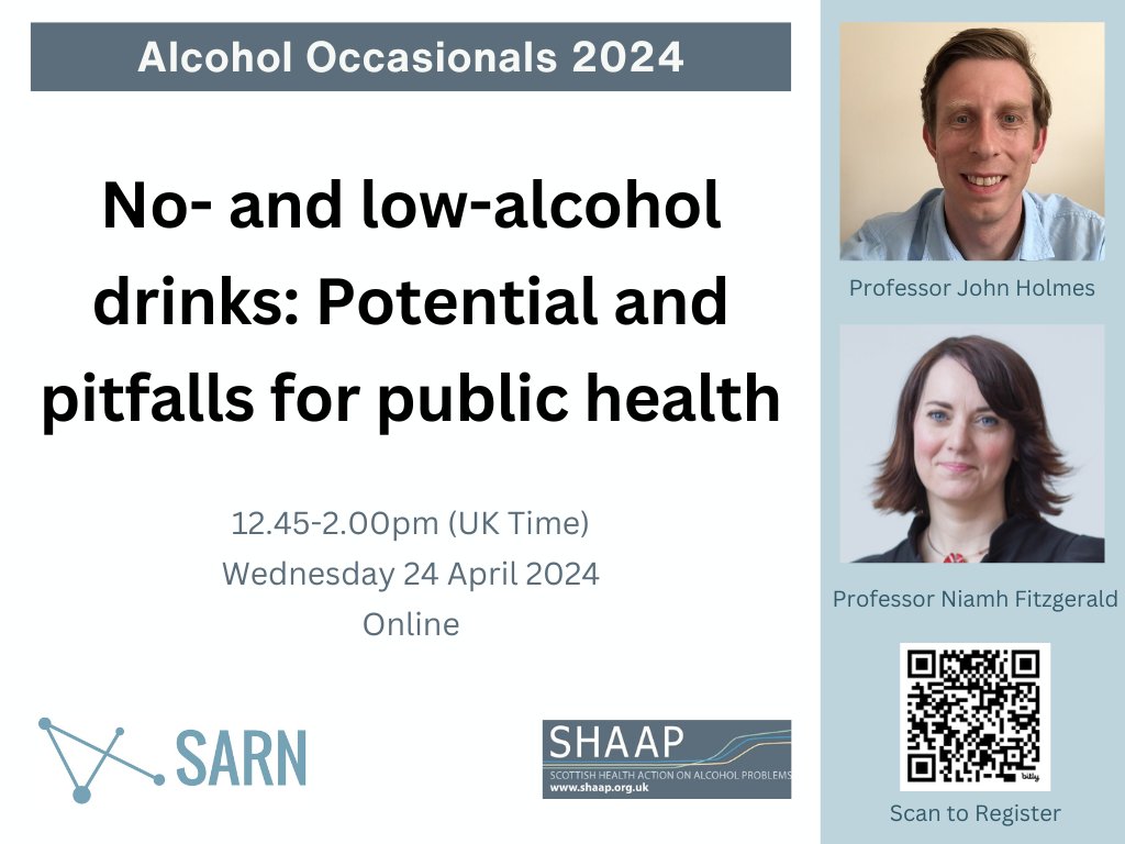 📅 Diary date ⏰ Next week @NiamhCreate will join @JHolmesSheff to discuss the public health implications of no- and low-alcohol drinks. This FREE event is a @SHAAPAlcohol / @SARNalcohol Occasionals Webinar. Wed 24th April: 12:45-14:00 Sign up👇 bit.ly/4aiZ8Oy