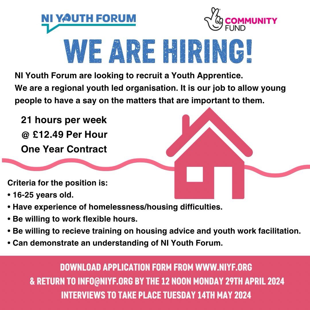 NI Youth Forum have an exciting opportunity to join the team... 📣Job Opportunity📣 📢Youth Work Apprentice📢 📍 Aged 16-25 📍 💭Experience of Housing and Homelessness Difficulties 💭 💛 Do you have the passion to help and support others 💛 This is then an opportunity for to…