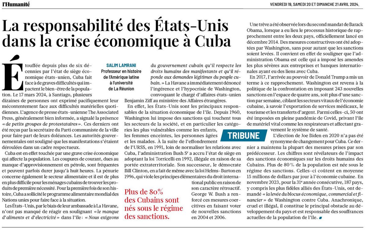 🇨🇺🇺🇸 Étouffée depuis plus six décennies par l’état de siège économique états-unien, Cuba fait face à de graves difficultés qui impactent le bien-être de la population... 🗞️humanite.fr/en-debat/blocu… l'@humanite_fr @SalimLamraniOff