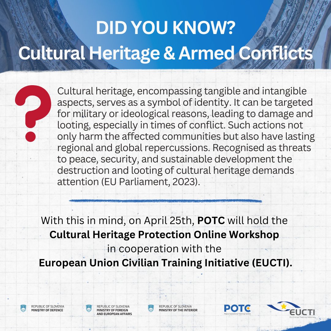 ❓🤔 Did you know?   
On April 25th, POTC will hold the Cultural Heritage Protection Online Workshop in cooperation with the European Union Civilian Training Initiative (EUCTI).  
#ProtectionofCulturalHeritage #CulturalHeritage #PeaceAndSecurity #EUCTI 🇪🇺