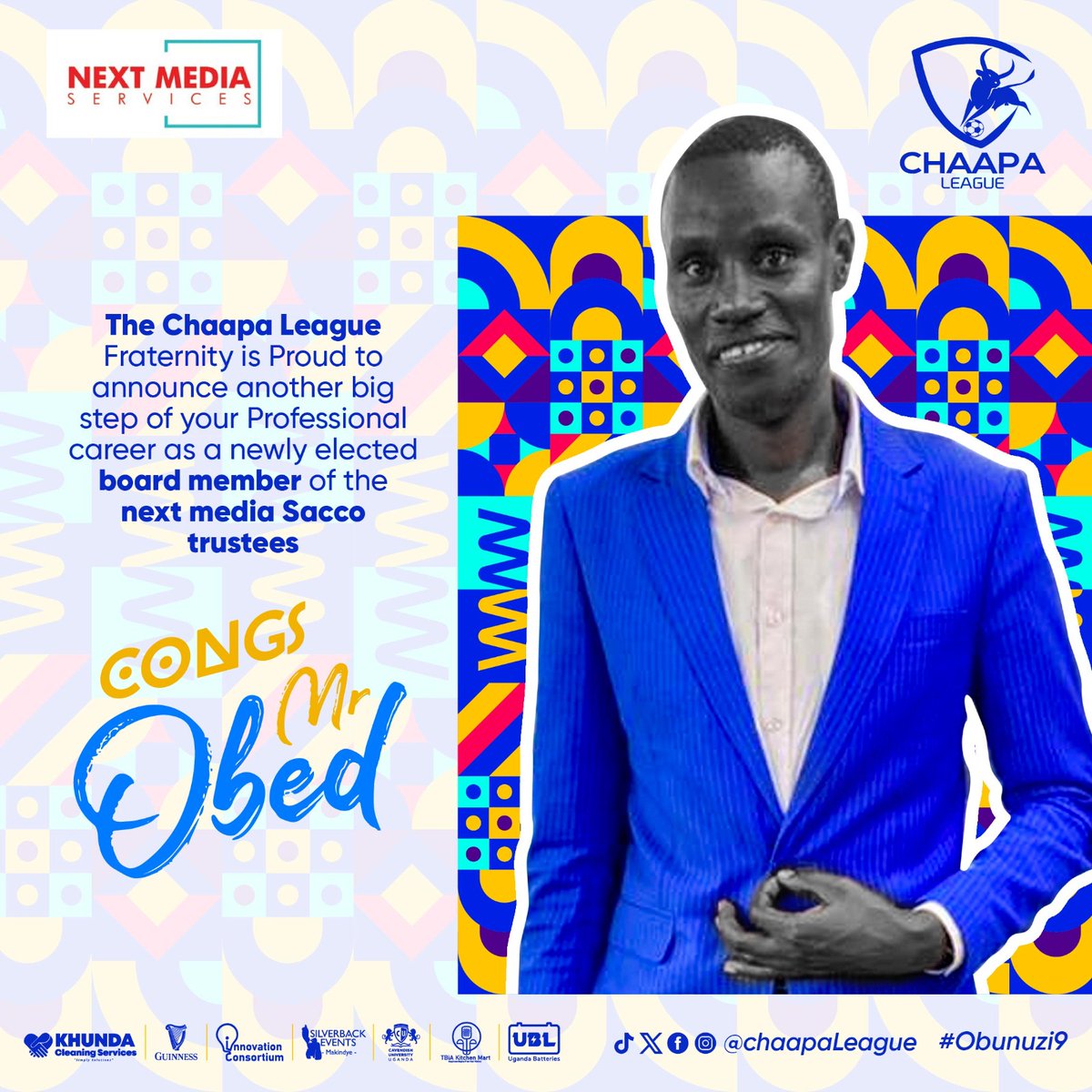 He not only keeps @ChaapaLeague finances in perfect hands but also takes the Bull by its horns! @nextmediaug , you have a gem in your hands! Congratulations Obed, 'Mr. Kasaija'! #Chaapaleague9