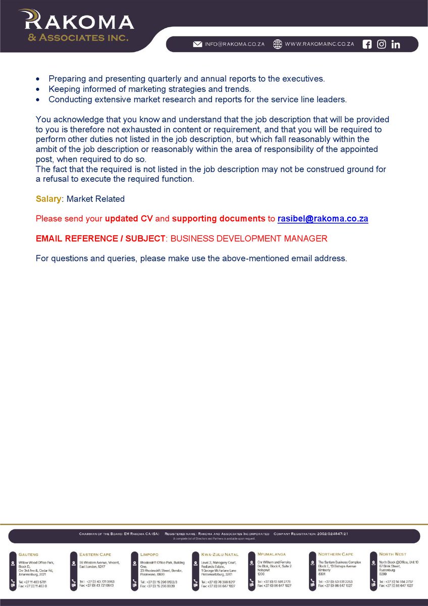InfoAtRakoma's tweet photo. JOB POST: Business Development Manager - Fourways #JobSeekersSA #JobAdviceSA #jobseekers #Followforjobs #HireMe #JobSeekersWednesday #recruitment #job #hiringprofessionals #jobopportunity #recruiting #Accounting #Accountants #Businessdevelopment #BDM https://t.co/a3JcWY0Qx5