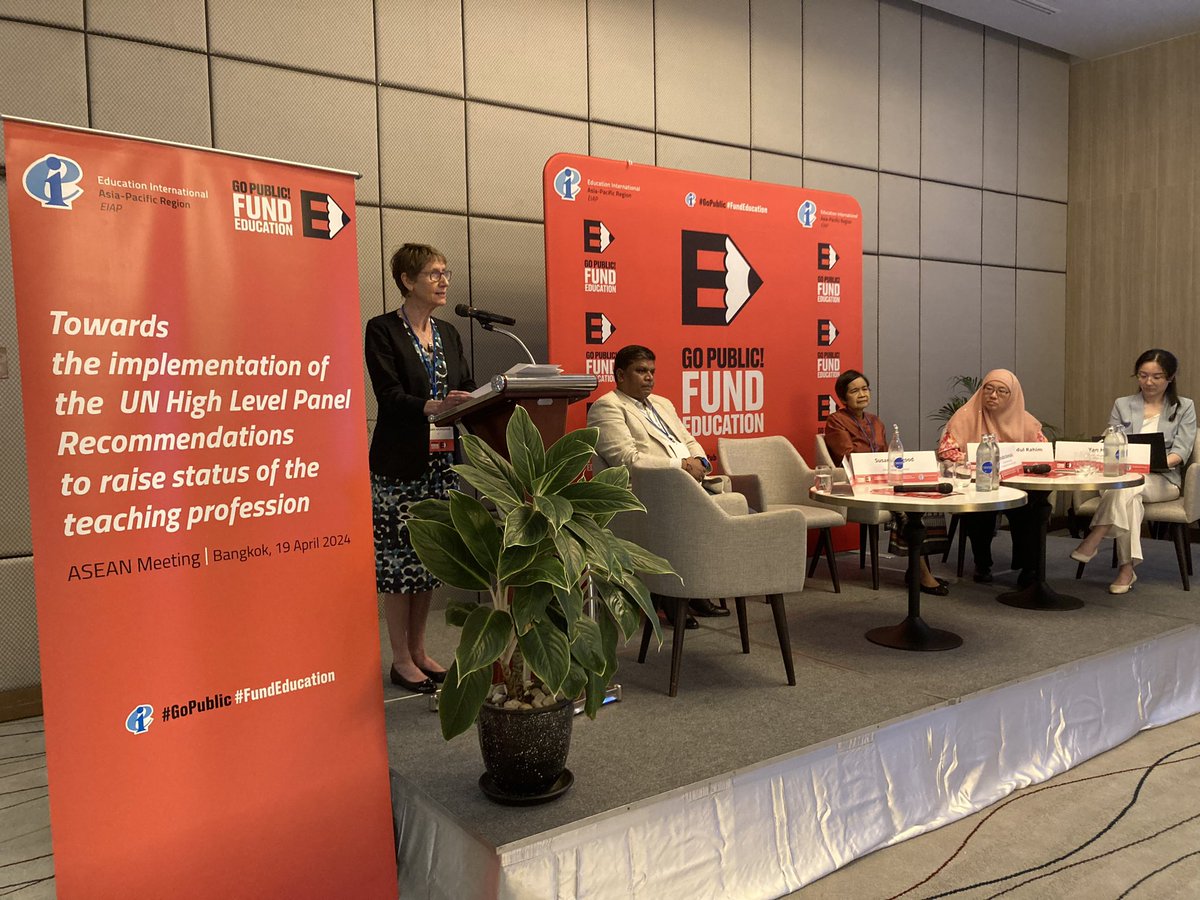 eduintAP's tweet image. @eduint President Susan Hopgood opens the @eduintAP’s ASEAN meeting on the implementation of the UN High Level Panel Recommendations to raise the status of the teaching profession. She says that funding for education globally has fallen significantly since the COVID-19 pandemic.