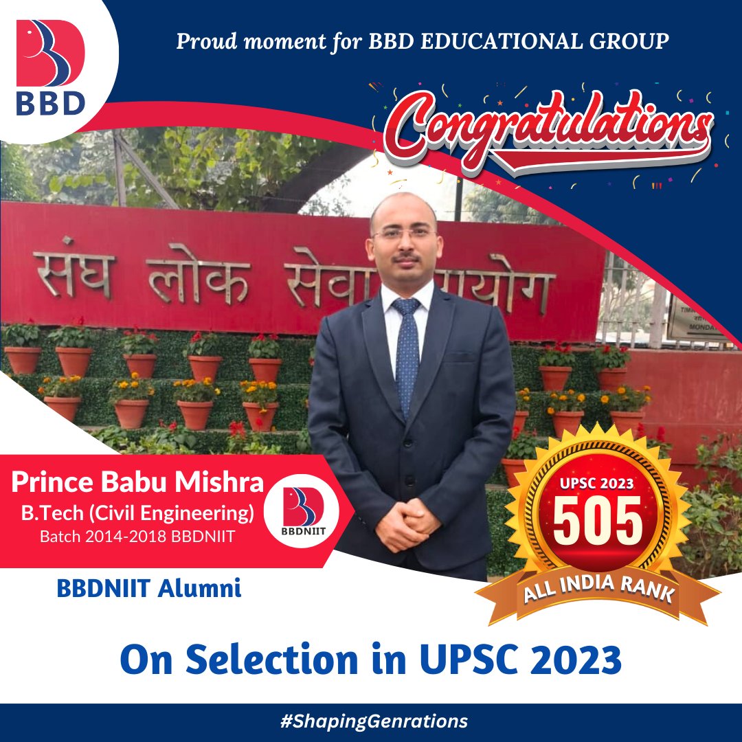 'From B.Tech to UPSC: Proud moment for the Civil Engineering 2014-18 batch of BBDNIIT! 🎓 Ranked 505 in the All India UPSC selection, proving excellence in education at BBD. 🌟 #upscsuccess #proudmoment #bbd #bbduniversity #bbdniit  #lucknow '