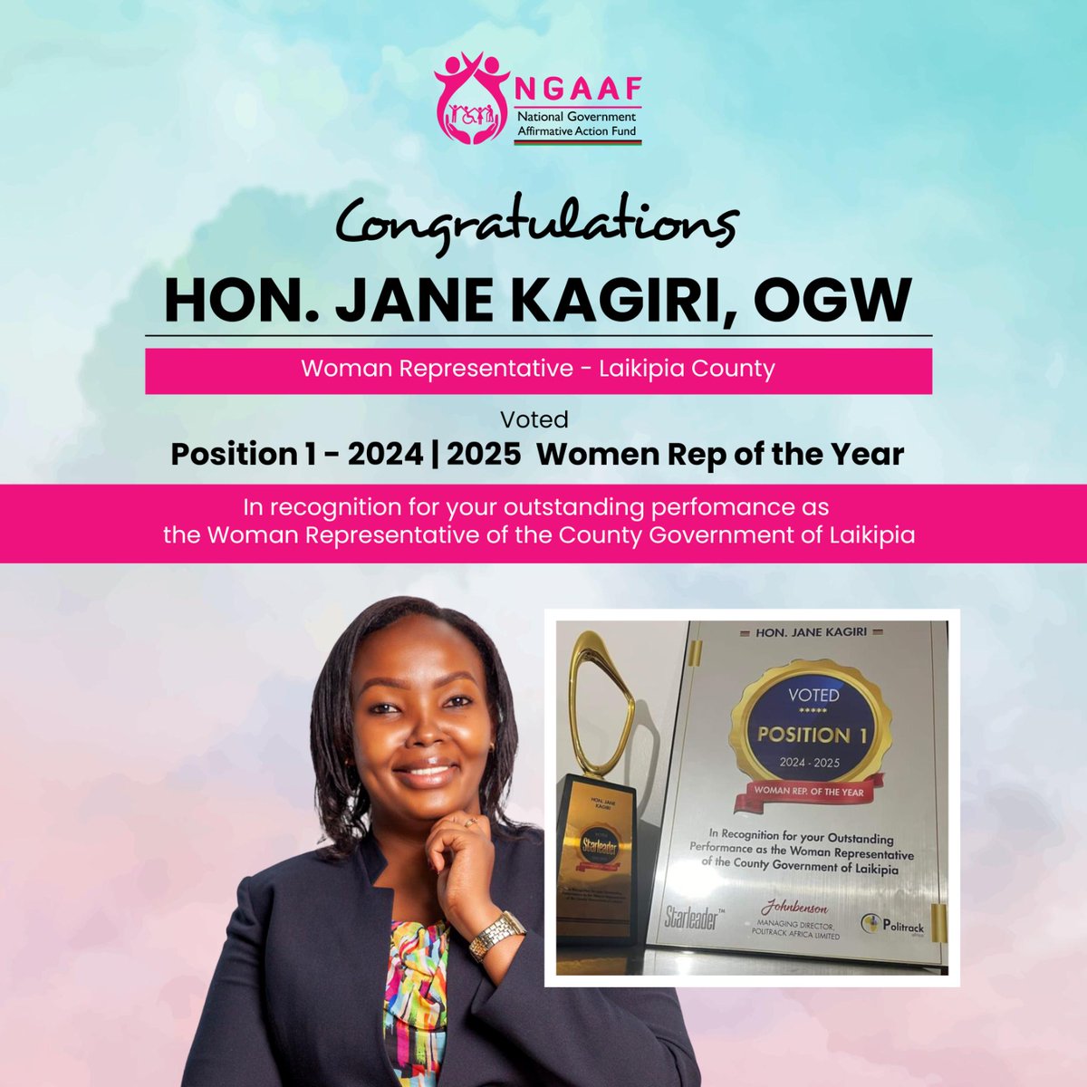 Congratulations, @hon_kagiri, on your exceptional performance as the Woman Representative of the year!