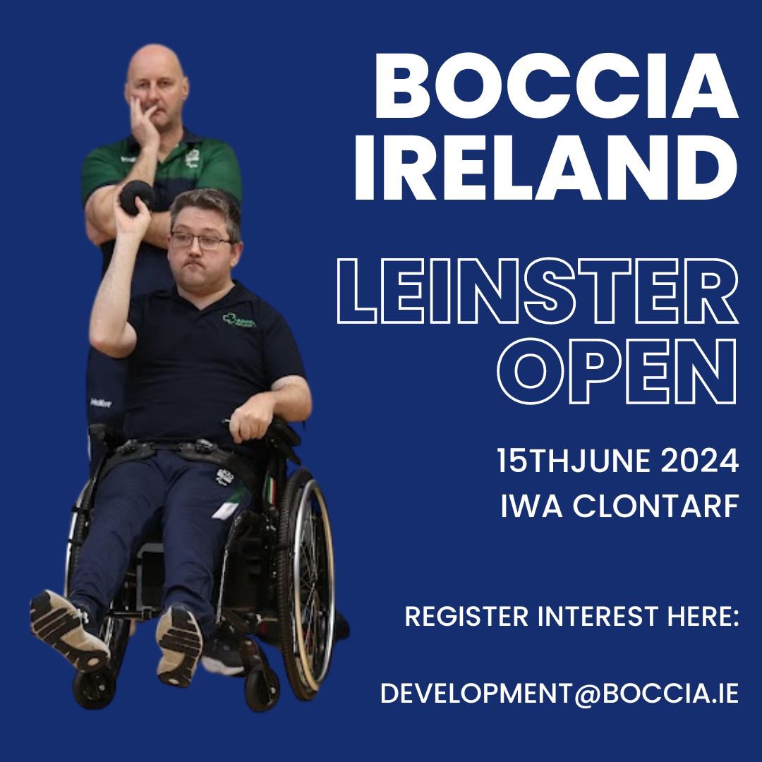 Boccia Ireland Leinster Open!

📆 Sat 15th June 

📍IWA Clontarf 

⏰ 9.30 TO 6

Entry fee €5

You can register your interest by emailing development@boccia.ie 

Spaces are limited so sign up now! Registration closes  May 24th at 5pm.

#BocciaIreland