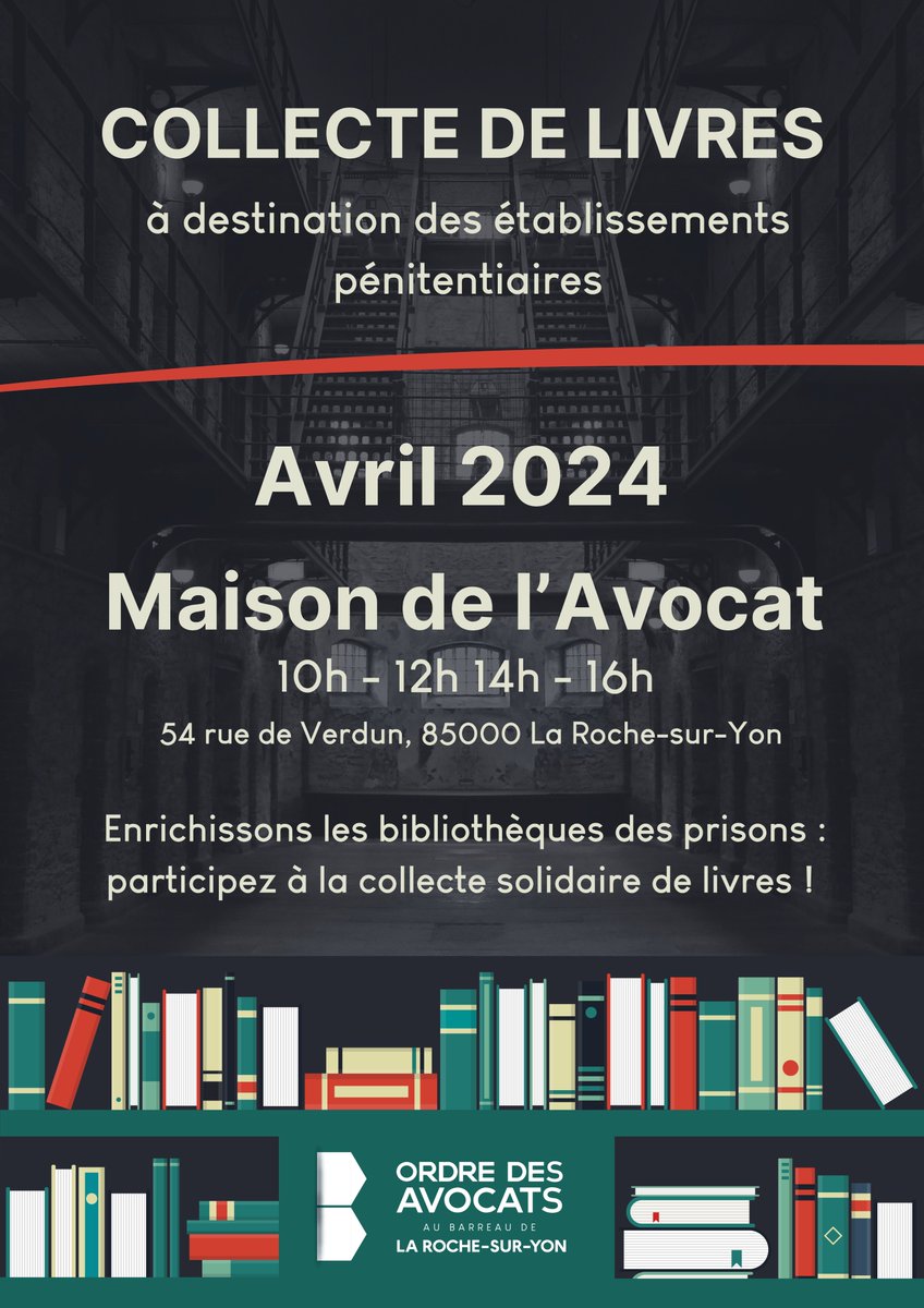 L'<a href="/OrdreLaRsy/">Barreau de La Roche-sur-Yon</a> s'associe à l'initiative du <a href="/CNBarreaux/">Conseil national des barreaux - les avocats</a> et organise une collecte de livres à destination des établissements pénitentiaires 📚

Vous pouvez dès à présent déposer vos livres, cd, dvd… à la Maison de l’Avocat aux heures d’ouverture.