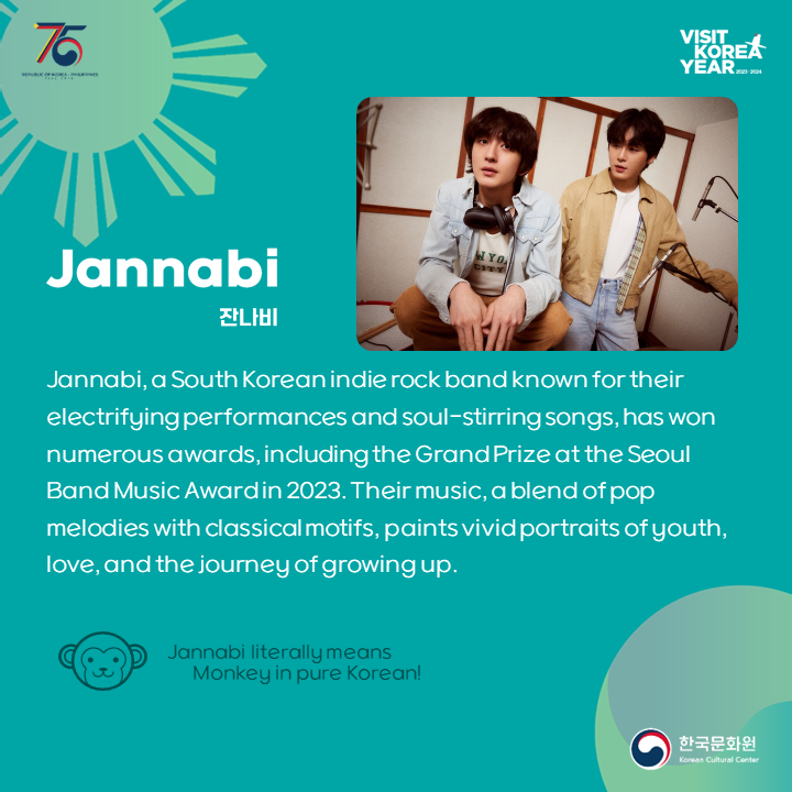 KCCPHIL's tweet photo. Next Door Performance! 🎙️🎸

Are you ready to meet @BandJannabi? Their first-ever performance in the Philippines is happening at K-Culture Next Door: 2024 Korea Festival! 

#2024KoreaFestival #KCultureNextDoor #Jannabi #KCCPhil #KoreanCulturePH https://t.co/IntQs6cnsJ