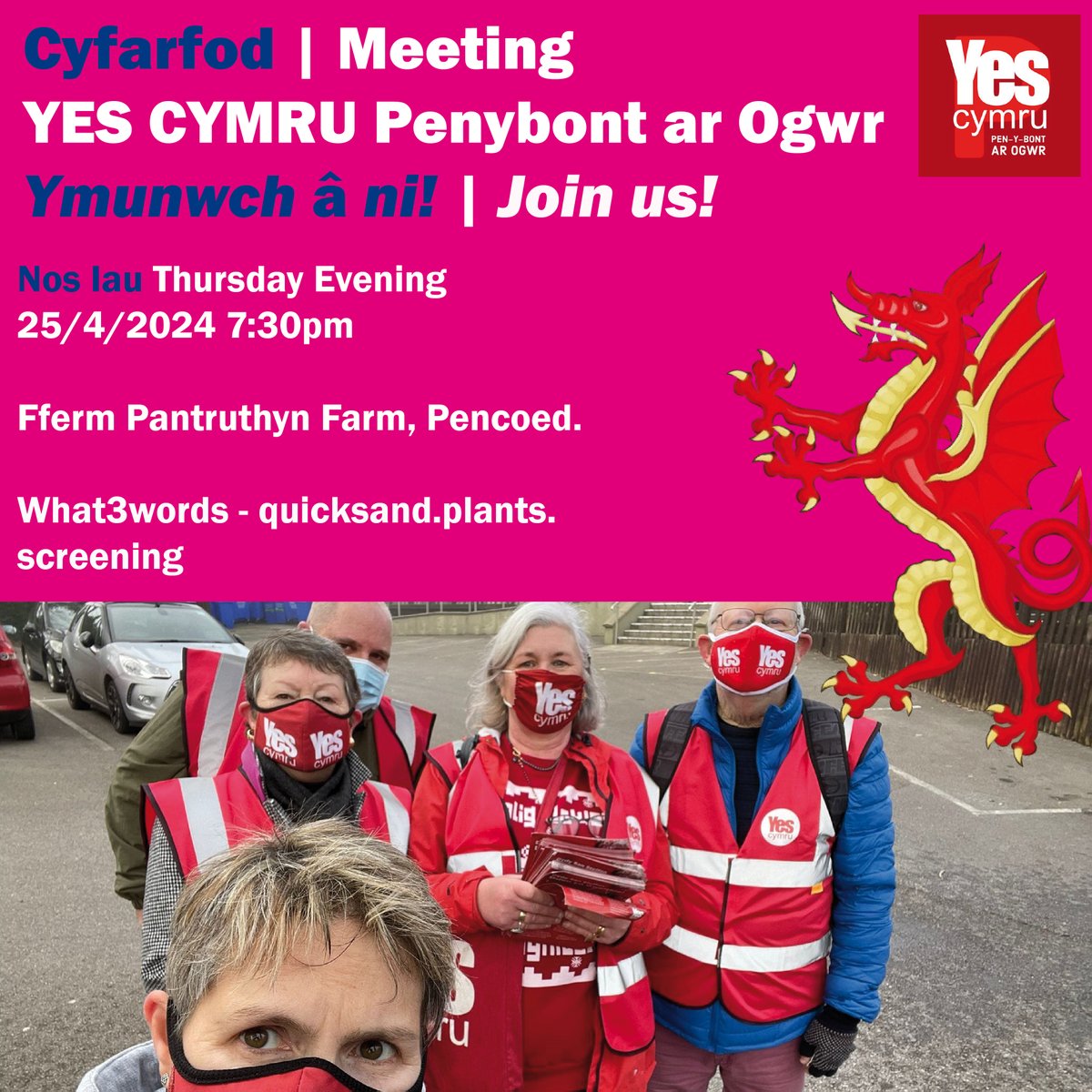 Cyfarfod | Meeting YES CYMRU Penybont ar Ogwr Ymunwch â ni! | Join us! Nos Iau Thursday Evening 25/4/2024 7:30pm Fferm Pantruthyn Farm, Pencoed. What3words - quicksand.plants.screening #Annibyniaeth #yescymru #indyWales #PwyBiauCymru #WhoOwnsWales