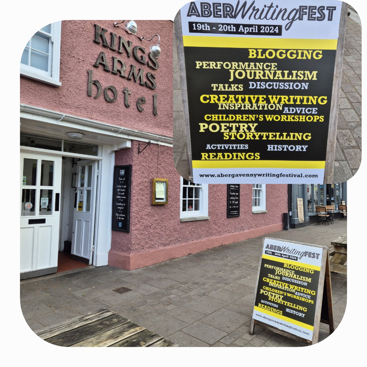 At the end of Nevill Street for the next 3 days @AberWritingFest. Drop into @KingsArmsAber and also explore @NevillStBiz @VisitAberG @LoveYFenni and more. @ParrysFandC @Pinkangels03 @MadameFromage1 @afoodfestival @chrisjonesplace @cooksgalleyltd @AbergavennyTC @The_MediaAgency