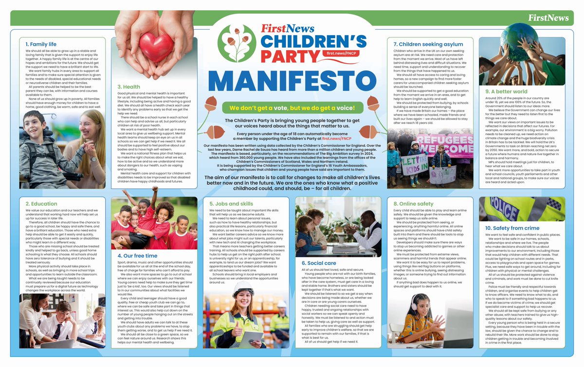 FirstNewsEditor's tweet photo. Today @First_News launches #TheChildrensParty supported by @UNICEF_uk @savechildrenuk and @wwf_uk. Our manifesto is based on @ChildrensComm speaking with a million children. In an election year, kids don't get a vote but they do get a voice. Join us here https://t.co/FyawcCQFsm and download it for your school or home.