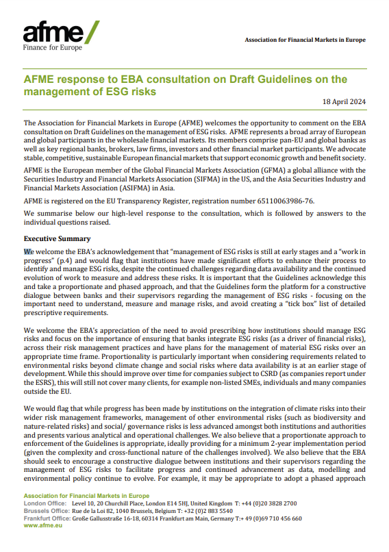 AFME has submitted a response to @EBA_News consultation on Draft Guidelines on the management of ESG risks. Read the full consultation response here: bit.ly/4b0r8XD