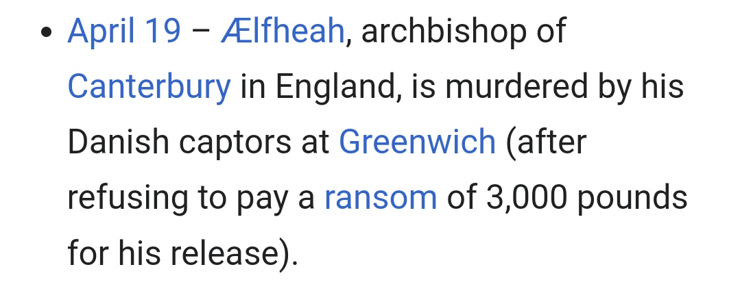 Hats off to St Alphege (or Ælfheah), archbishop of Canterbury, martyred #OnThisDay 1012. He found himself at a drunken party with some bad people, it was literally a matter of life and death, but he still refused to bung them £3,000 of public donations. en.wikipedia.org/wiki/%C3%86lfh…