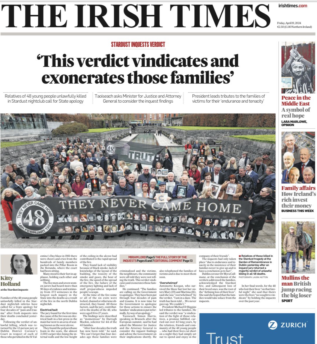 Relatives of those killed in the Stardust tragedy at the Garden of Remembrance in Dublin yesterday after an inquest jury returned a majority verdict of unlawful killing in all 48 deaths. Photo Laura Hutton @IrishTimes #StardustInquiry