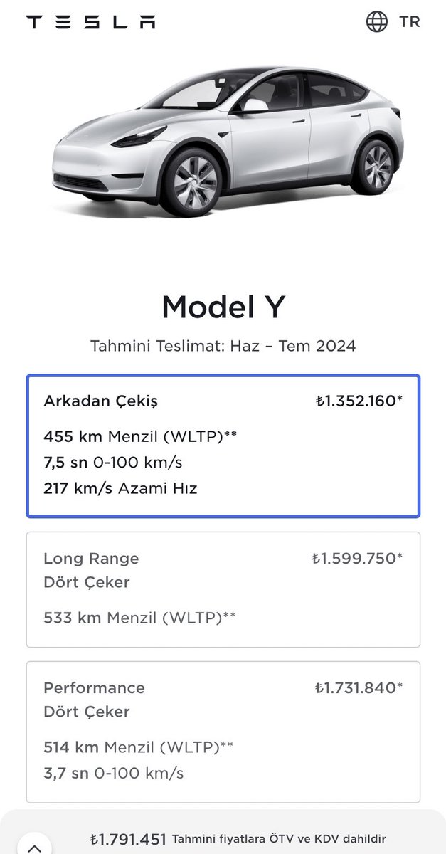 Tesla, yeni Model Y aracını Türkiye’de KDV & ÖTV dahil 1.791.451 TL’den başlayan fiyatlarla satışa sundu.