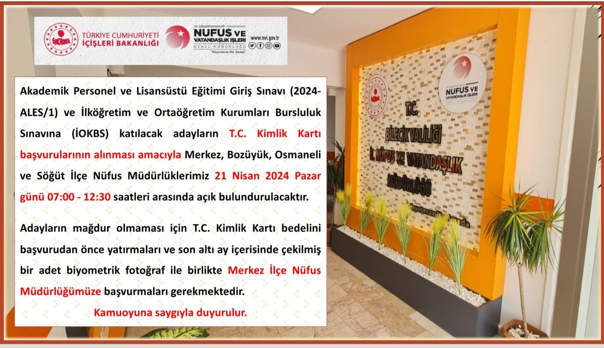 Sınava katılacak adaylara başarılar dileriz. @TCNufus #HayatınızınHerAnında @itasyapan @bilecikvaliligi @sefikaygol