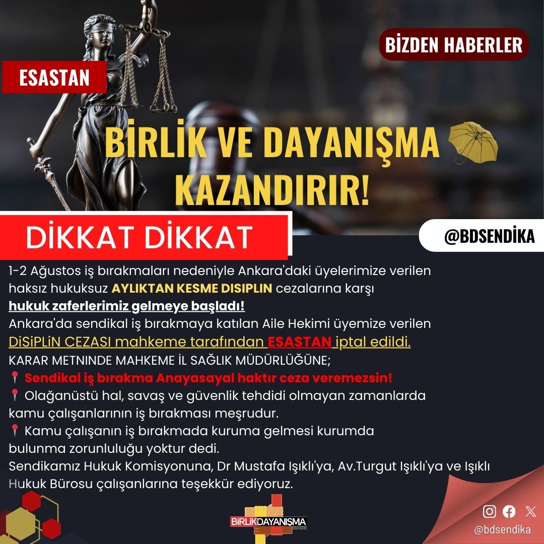 Ankara'da Birlik Dayanışma ile  Aile Hekimleri Ve Aile Sağlığı Ebe Hemşireleri kazanmaya devam ediyor!
Sağlıkta şiddet sona ersin diye Ankara'da iş bırakan aile hekimliği çalışanlarına disiplin cezası uygulayan idareye mahkemeden emsal niteliğinde karar....
Mahkeme il sağlık…