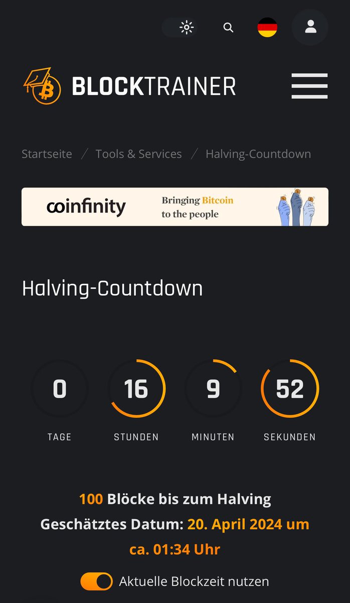 Der Countdown beginnt! Nur noch 100 Blöcke bis zum Halving! Checkt bis dahin unsere BRANDNEUE Seite und macht euch startklar für den Halving Stream mit @RomanReher !! 👇🏼👇🏼👇🏼 Blocktrainer.de