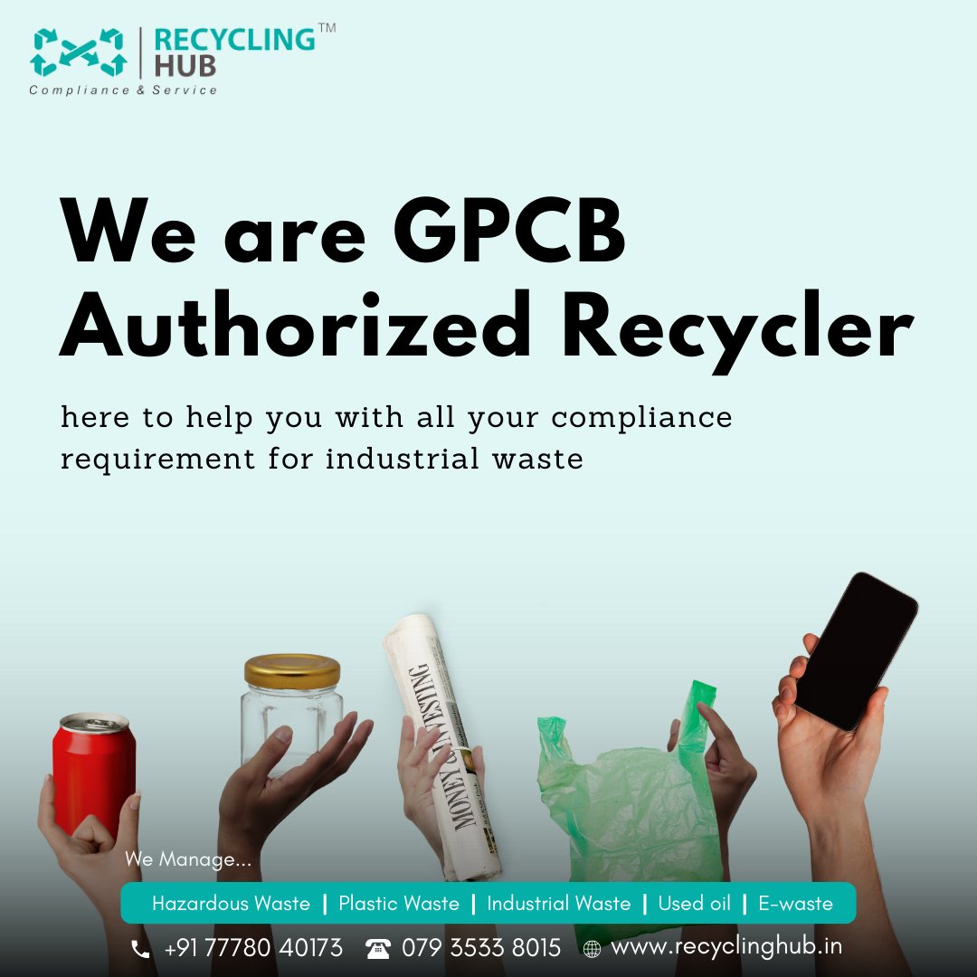 We are GPCB Authorized Recycler
here to help you with all your compliance requirement for industrial waste.
.
Contact us: 7778040173 | Email: info@recyclinghub.in | Visit recyclinghub.in
.
#RecyclingHub #IndustrialWasteManagementCompany #GPCBauthorized #HazardousWaste