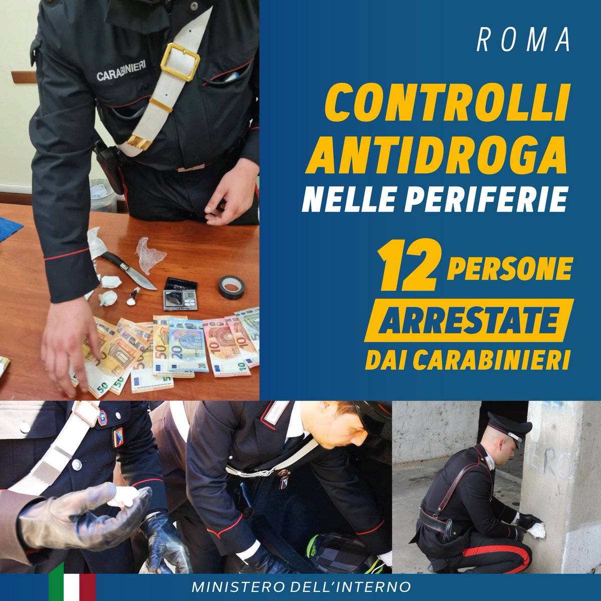 Proseguono i controlli antidroga dei @_Carabinieri_ nelle periferie di Roma. 12 le persone finite in manette nel corso dell’ultima operazione dei militari. Sequestrato 1 kg di stupefacenti, insieme a diverse migliaia di euro in contanti.