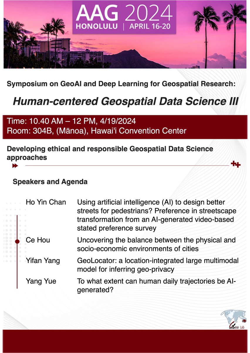 Come and join our session tomorrow (4.19)! Human-centered Geospatial Data Science I, II, and III from 7.20 am - 12 pm at 304B. #AAG #AAG2024 #Hawaii