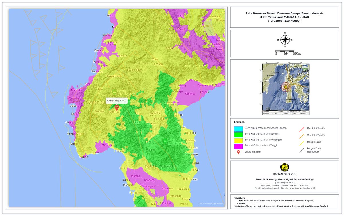 Berikut disampaikan Analisis Geologi #GempaBumi (('8 km TimurLaut MAMASA-SULBAR',)) pada overlay Peta KRB Gempa Bumi #PVMBG #BadanGeologi, sumber: BMKG Dibuat Secara Otomatis