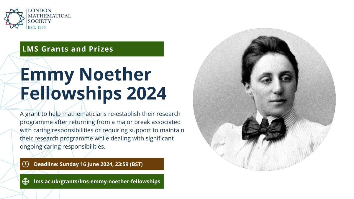 ✨ Applications for the 2024 Emmy Noether Fellowships are now open! Grants of up to £10,000 are open to mathematicians with current or recent caring responsibilities. Deadline: Sun 16 Jun Further details ➡️ lms.ac.uk/grants/lms-emm… (w/ thanks to the Liber Foundation)