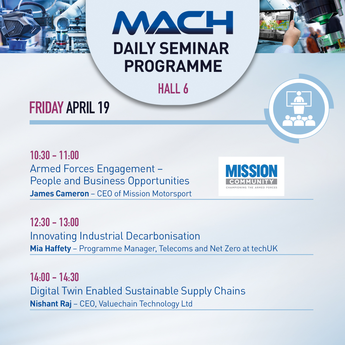 It's the final day of #MACH2024! Broaden your knowledge at our thought-provoking seminars and take advantage of the fantastic networking opportunities. Check out the seminar programme for today, below. #manufacturing #engineering #ukmfg ⬇️⬇️⬇️