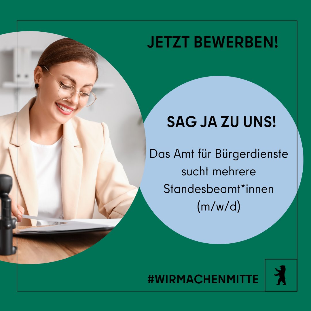 Sag JA zu uns! Das Amt für Bürgerdienste sucht mehrere Standesbeamt*innen (m/w/d). Bewirb dich noch bis zum 26.04.2024! ➡️ t1p.de/mip9p #wirmachenmitte #jobs