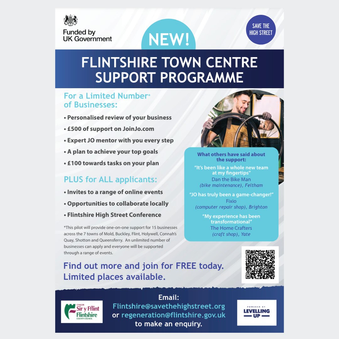 Our work with @FlintshireCC continues! If your high street business would benefit from some dedicated retail support and you are based in one of the 7 towns (detailed on the flyer below) covered by this programme, apply today! Email: Flintshire@savethehighstreet.org