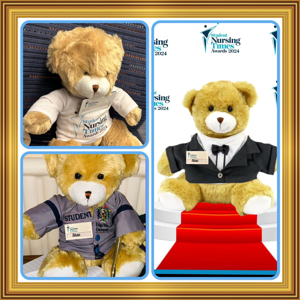 So today Stan is thinking about how far he has come. From being a sad bear sitting alone on a train seat , to being a student nurse and finally dreaming of being on the red carpet at the student nursing times awards @NursingTimes #SNTABear
