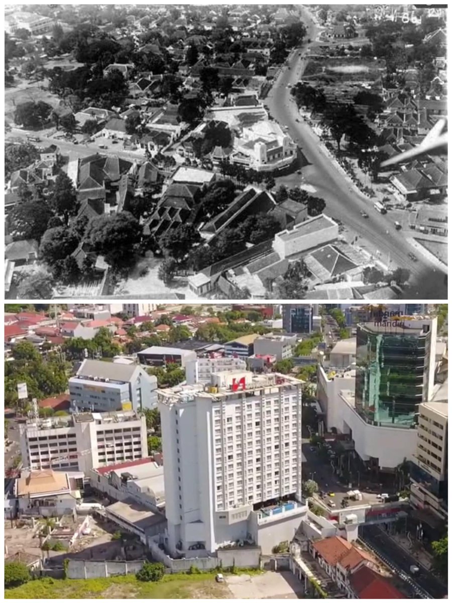 Area sekitar Apotek Simpang Surabaya dilihat dari udara tahun 1932 dan 2020.
-=-=-=-=
#PioliOut 
#petrokimiagresik
#solusiagroindustri 
#TimnasDay
