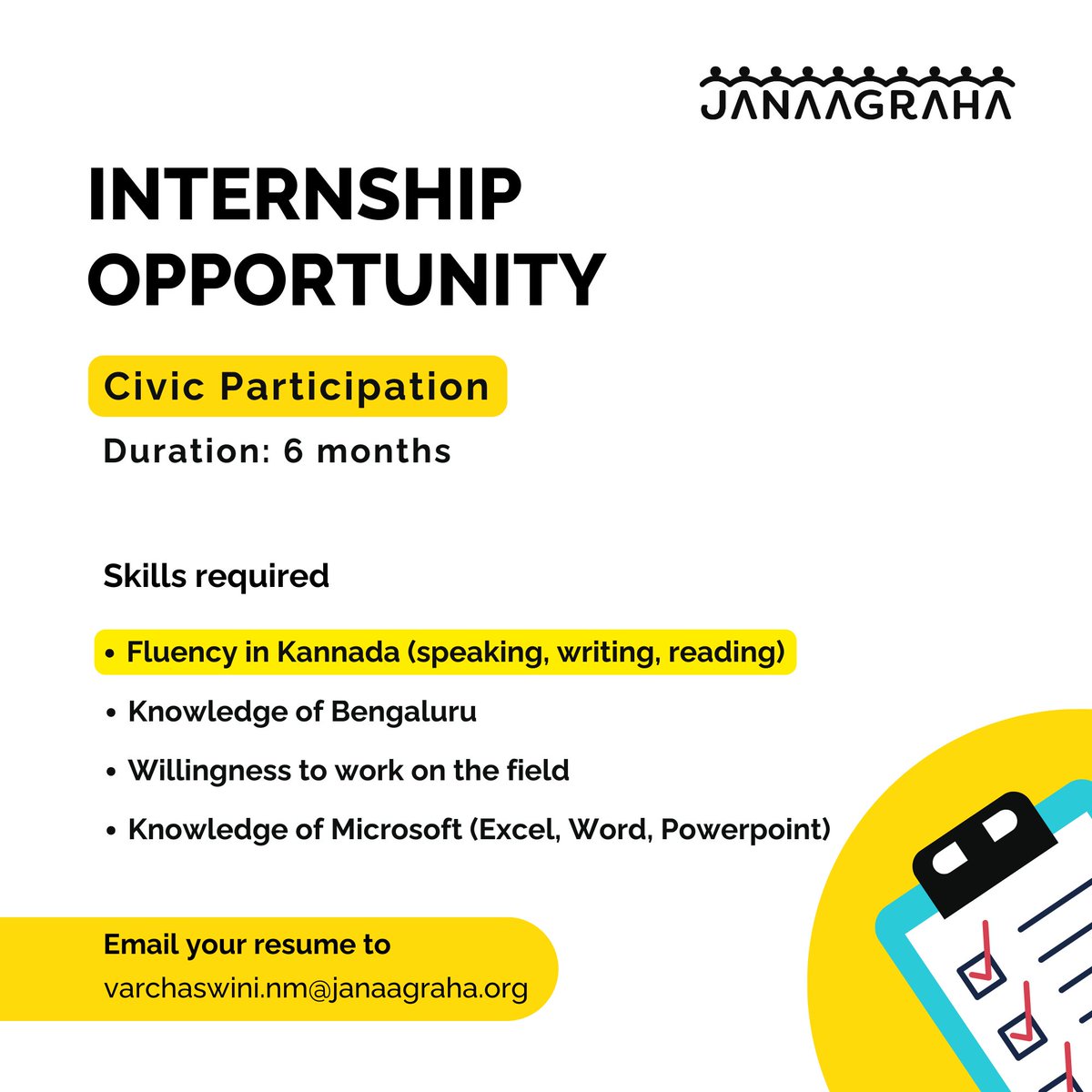 #InternshipOpportunity Are you interested in #CivicParticipation, #UrbanGovernance, and enhancing the quality of life in Indian cities? We have an opportunity in #Bengaluru that might be of interest to you! Please send your #resume to varchaswini.nm@janaagraha.org
