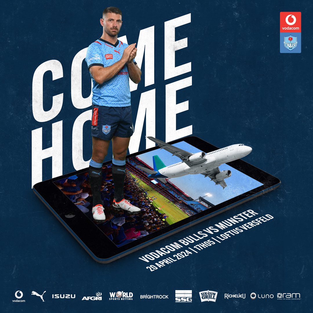 ‼️COME HOME‼️ 🏉Vodacom Bulls vs Munster 🗓️20 April 2024 📍Loftus Versfeld ⏰17:05 🎤GATES OPEN AT 14:00 🎟️TICKETS: bitly.ws/3bP2f #BackTheBulls @Vodacom #URC