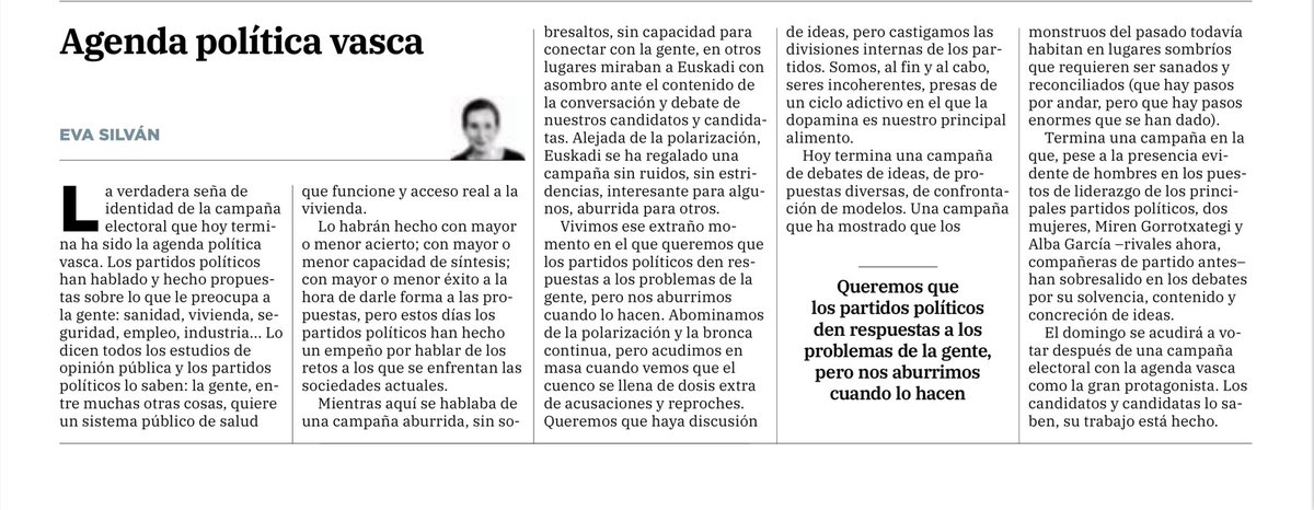 La verdadera seña de identidad de la campaña electoral que hoy termina ha sido la agenda política vasca | Mi columna de hoy en @elcorreo_com