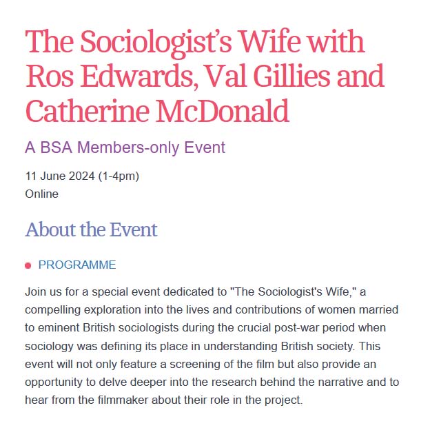 Book now for ‘The Sociologist’s Wife’, a compelling exploration into the lives and contributions of women married to eminent British sociologists. A BSA members-only event, online on 11 June tinyurl.com/4k9nhrfn #sociology