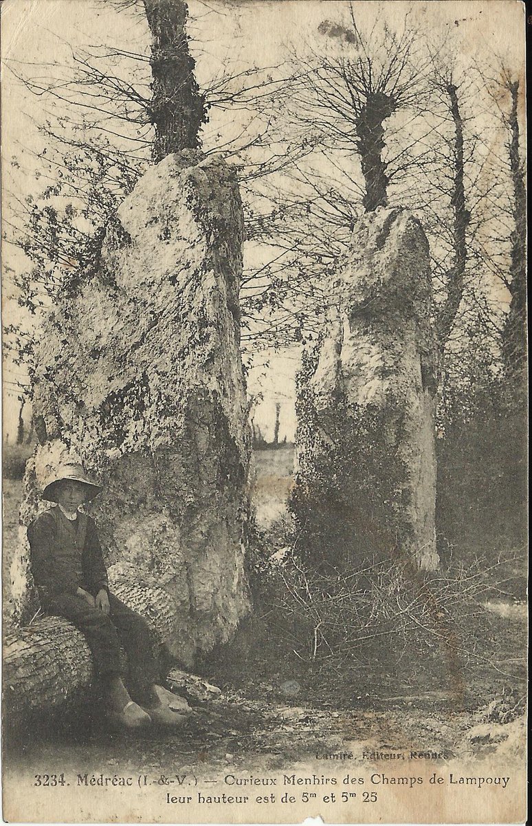 These two menhirs are part of the alignments of Lampouy in Médréac (Ille-et-Vilaine) most of which are now fallen or broken. There were at least 4 rows which seem to converge towards La Roche Pointue posted yesterday. At least one other row runs at a different angle.