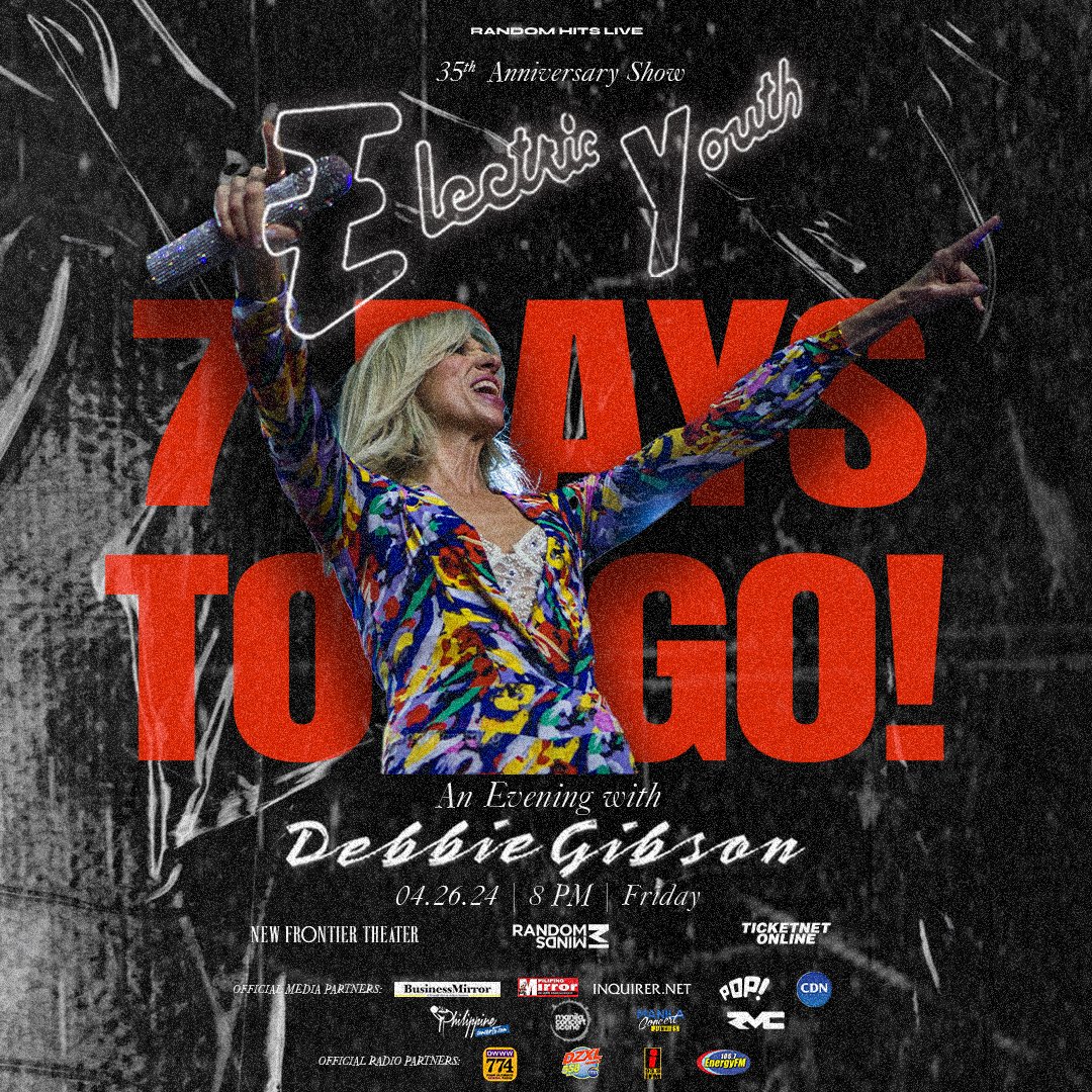 7 days to go 'til #DebbieGibsonMNL #EY35! Few VIP Meet and Greet tickets are still available via randommindsinc.com/debbiegibsonvip, Regular tickets via ticketnet.com.ph

#RandomMinds #RandomHitsLive #RMHits #SettingStandards