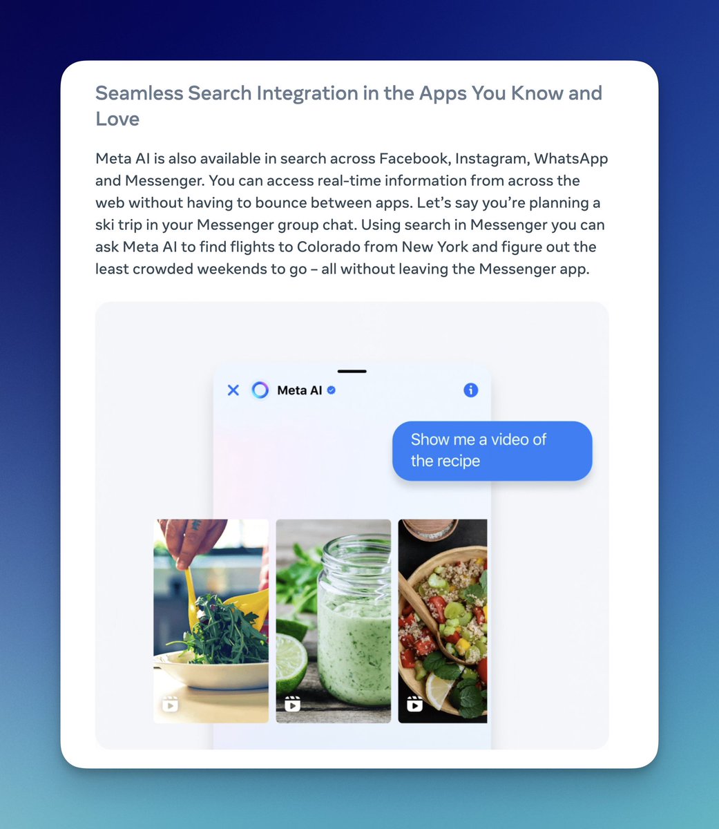 With their new AI assistant, meta is now a search engine.

You'll be able to:

👉 Find relevant content on meta apps (reels, posts, videos etc) based on what you're chatting about

👉 Get answers based on Google AND Bing results

👉 Get answers based on the full context of a