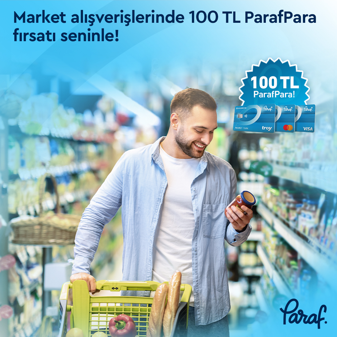 Paraf’ın güzellikleri market alışverişlerinde de seninle! 30 Nisan’a kadar market sektöründe peşin olarak yapacağın 750 TL ve üzeri dördüncü alışverişine 100 TL ParafPara fırsatını kaçırma! Ayrıntılar web sitemizde.