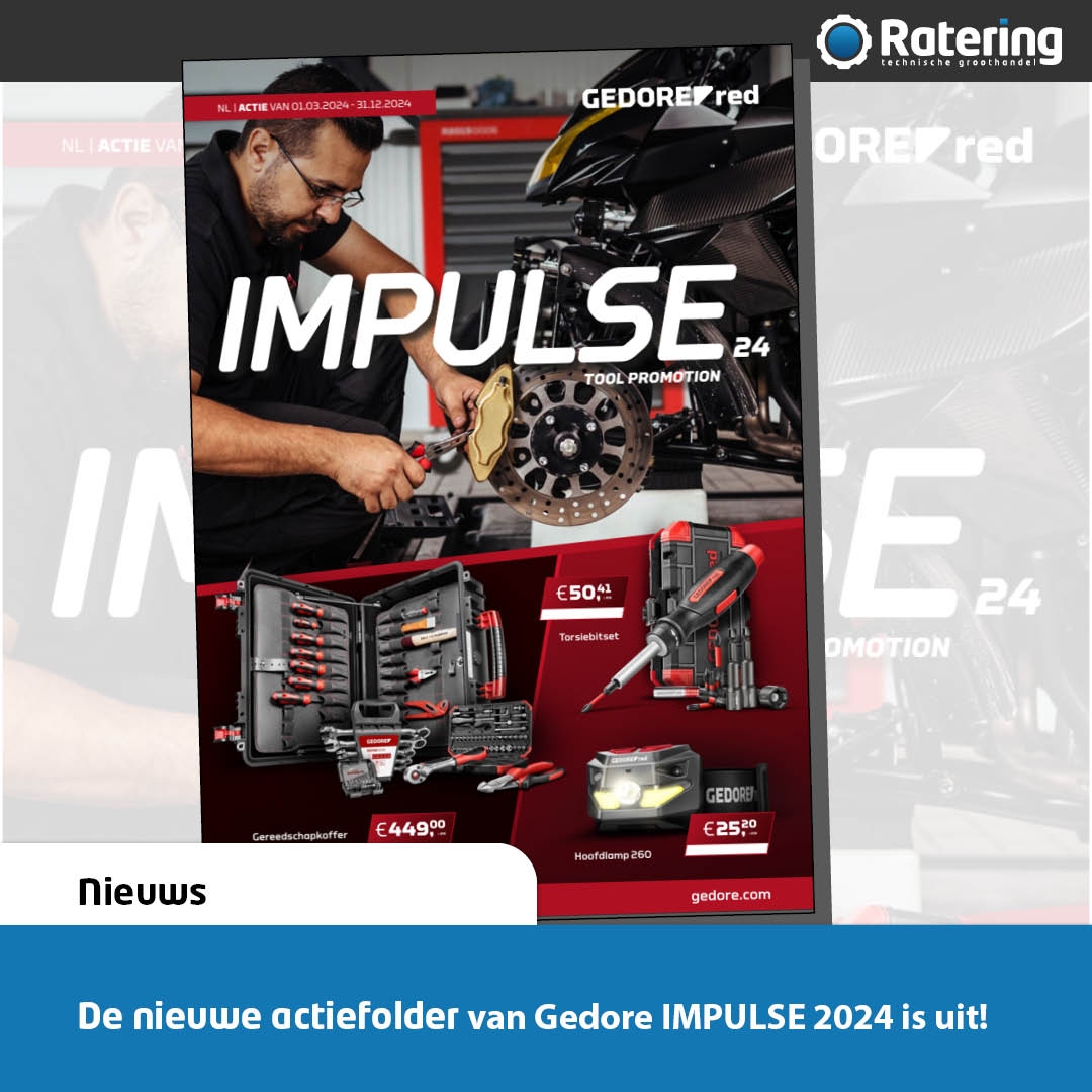 De nieuwe actiefolder IMPULSE 2024 is nu beschikbaar. De IMPULSE 2024 bied je naast het bekende portfolio tevens vele innovatieve producten. Geldig t/m 31-12-2024 en/of zolang de voorraad strekt. #rateringulft #gedore p1e.nl/_55Z