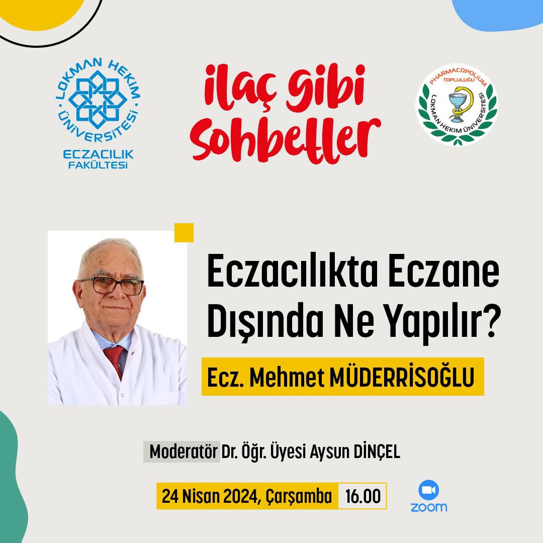 Lokman Hekim Üniversitesi Eczacılık Fakültesi İlaç Gibi Sohbetler etkinlikleri devam ediyor.✨ “Eczacılıkta Eczane Dışında Ne Yapılır?” adlı yayın Ecz. Mehmet MÜDERRİSOĞLU katılımıyla 24 Nisan 2024, Çarşamba günü 16.00’da gerçekleştirilecektir. Katılımlarınızı bekliyoruz.✨…