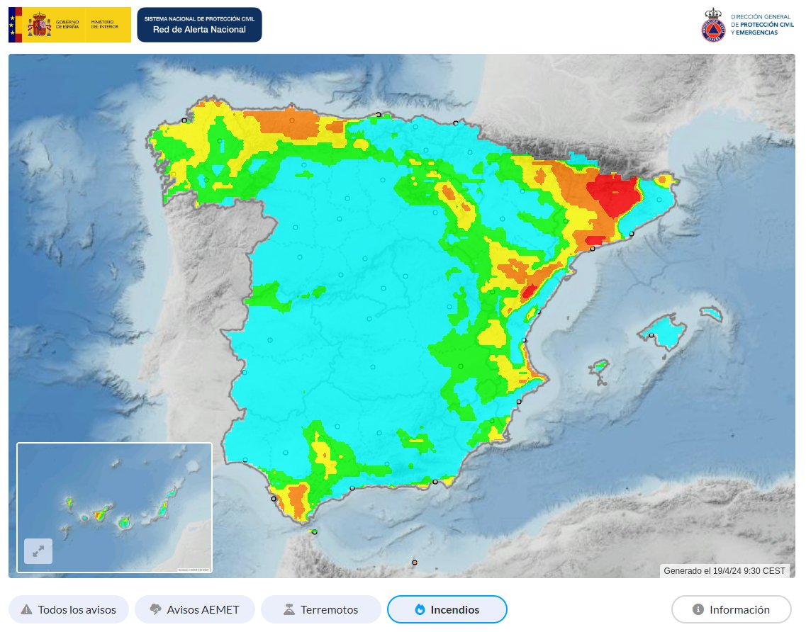 🗓️19/4/2024 Situación avisos @AEMET_Esp 🔥🔴Riesgo muy alto/extremo en amplias zonas ⚠️No bajemos la guardia con los #IIFF➡️MUCHA PRECAUCIÓN el fin de semana‼️ Recomendaciones de @proteccioncivil @interiorgob👉bit.ly/3xEFYVs 🌊🟨Zonas de Andalucía y Baleares 🌬️🟨Cádiz