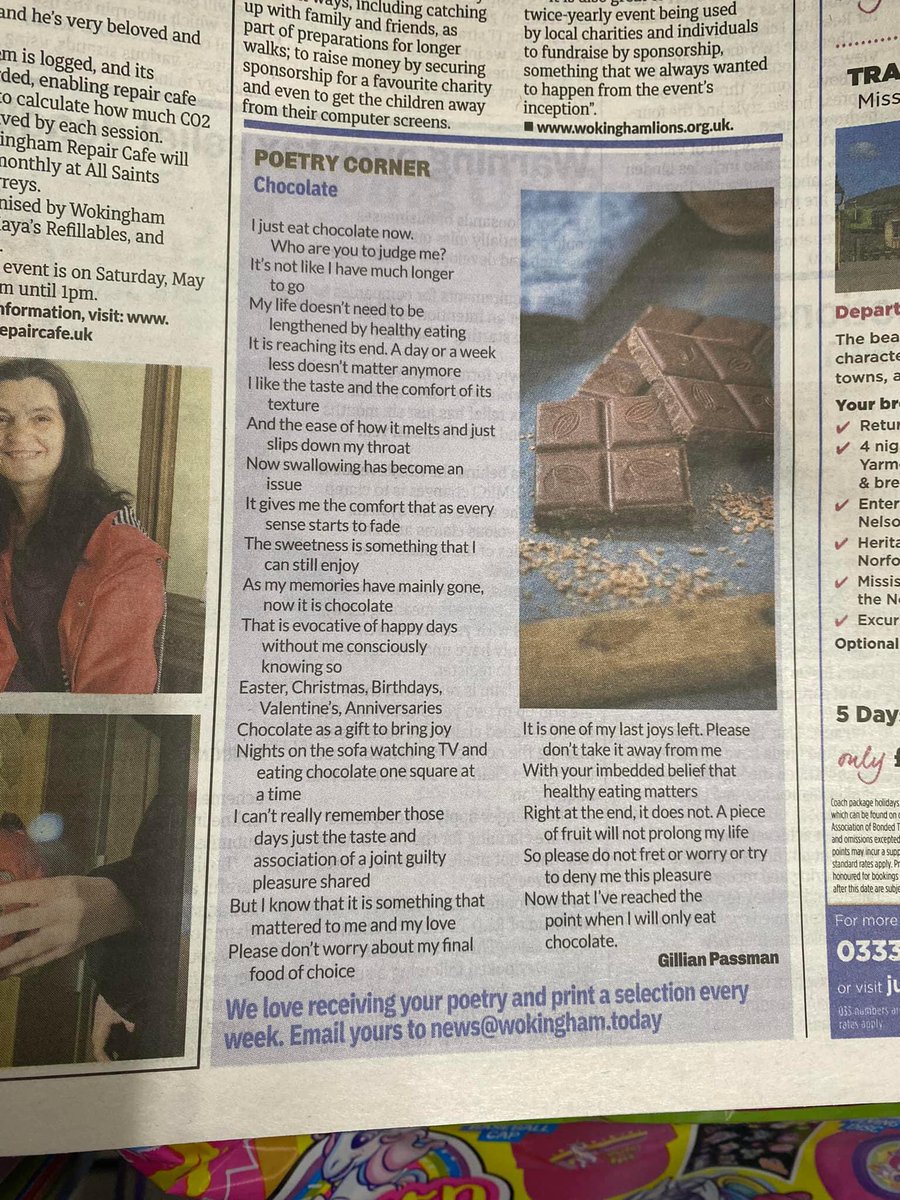 My poem ‘Chocolate’ has been published in this week’s @RdgToday & @WokinghamToday The inspiration came from reading posts about concerns re the diet eaten by their LOs as they reach the end of their #dementia journey My own Mum only ate chocolate