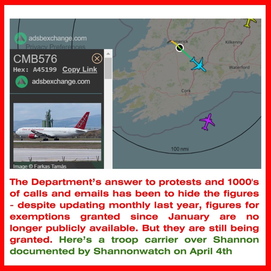 Join us this Saturday from 8.30am at the RDS outside the Green Party Ard Fheis to demand Ryan enforces no weapons thru Shannon for Israel! The depts. response so far has been to hide statistics on weapons exemptions granted -which were available month by month until December
