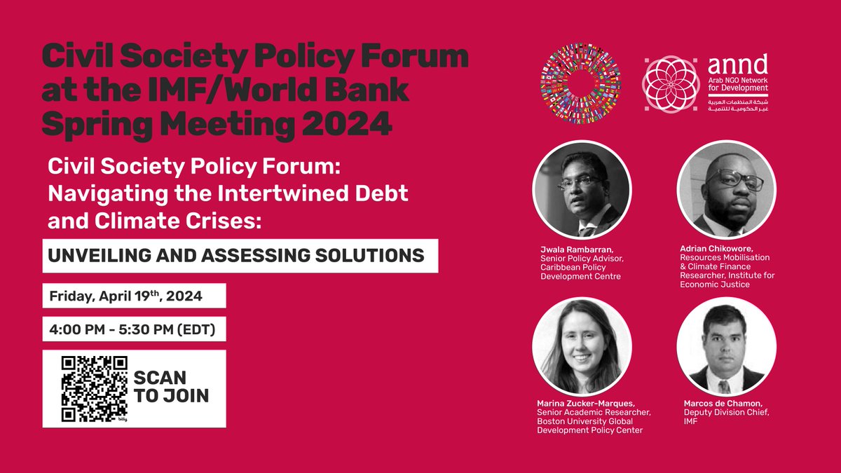 ON TODAY'S #SpringMeetings2024 AGENDA | Join @AdyChikowore (IEJ), @jwalarambarran (@cpdcngo), @MarinaZucker (@GDP_Center), & Marcos de Chamon (@IMFNews) as they map routes to navigate the intertwined debt & climate crises. 📍Washington DC 🗓️ 19 April 2024 🕓 4:00 to 5:30 PM (EST)