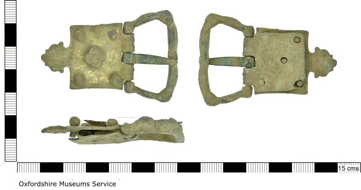 Here with a really ornate example of a buckle, not content enough to have an applique at its centre it has the biggest spherical rivet heads I've seen. #FindsFriday #FindsFriday finds.org.uk/database/artef…